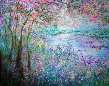 Paisajes Painting - Cerezo en flor flores silvestres estanque árboles jardín decoración paisaje pared arte naturaleza paisaje